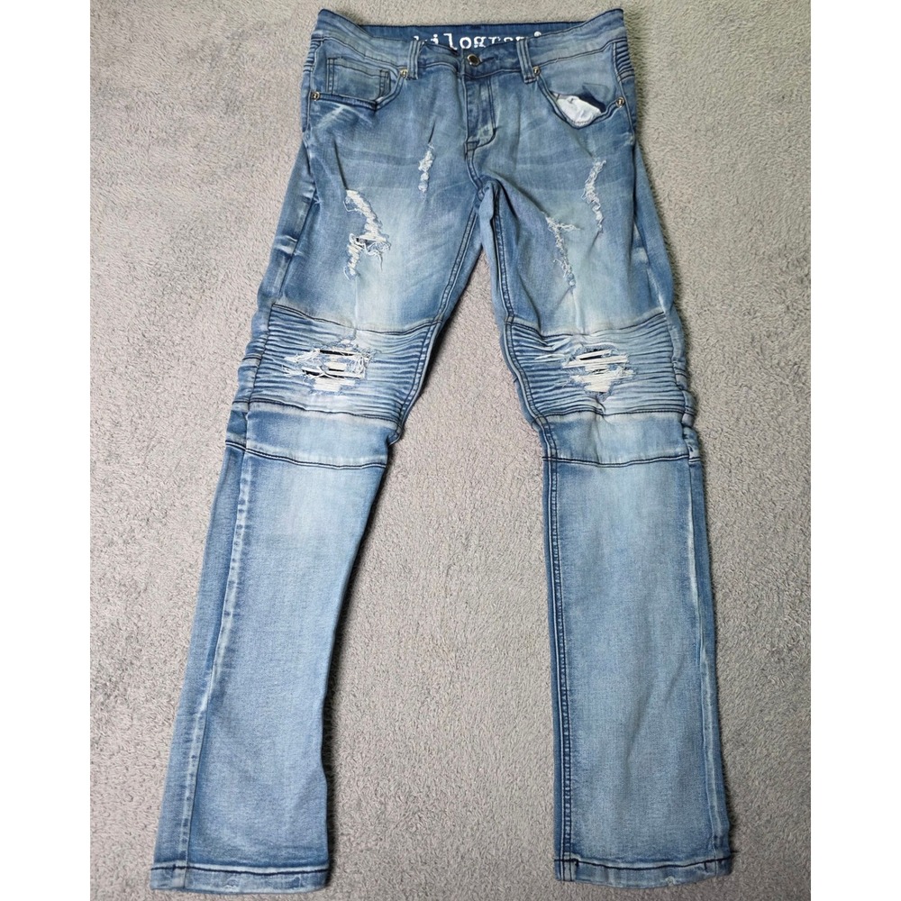 Kilogram Mens 34 Moto Biker Jeans Light Blue Distressed Ribbed Slim Denim